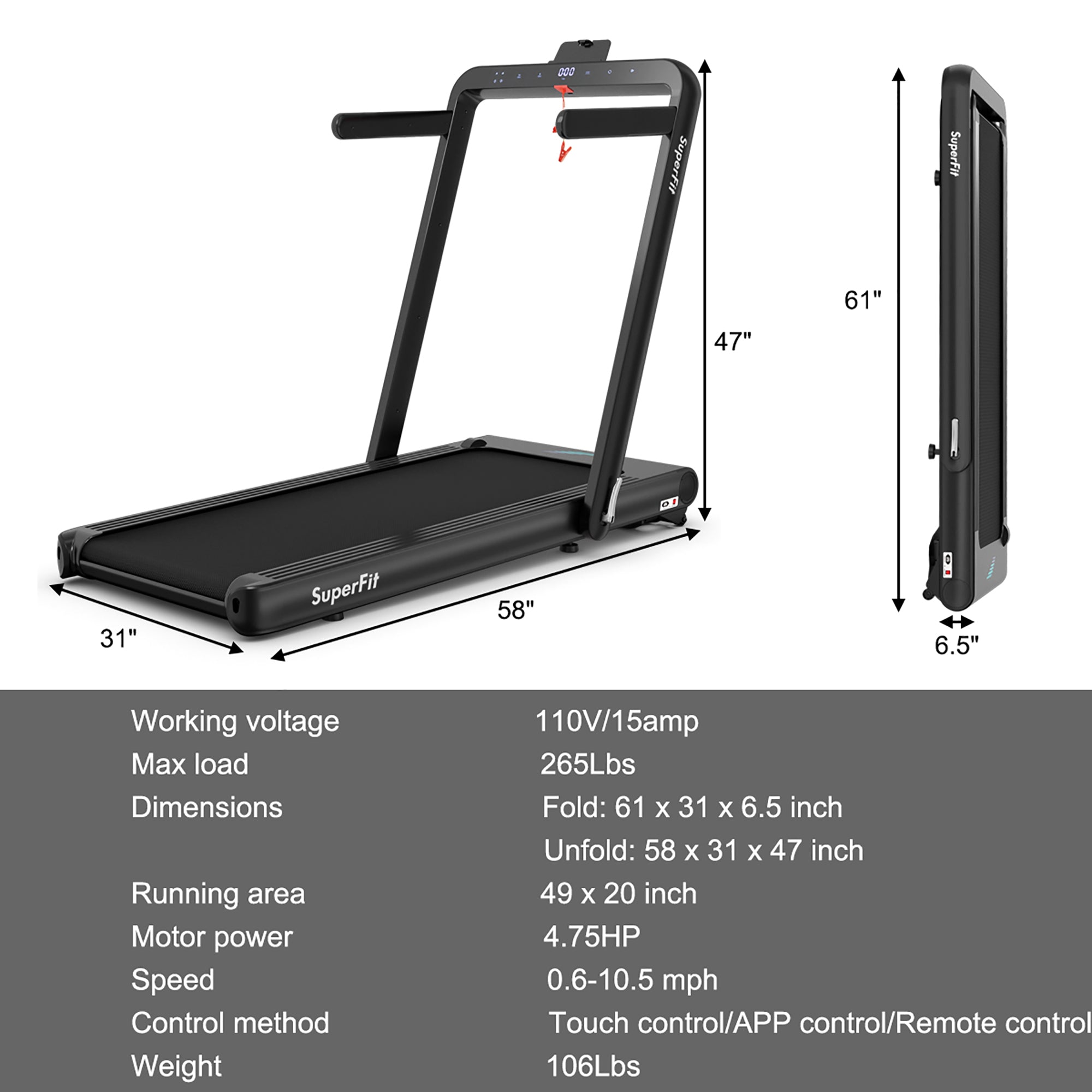  4.75 Horsepower 2 In 1 Folding Treadmill with Remote APP Control - Red - Bonton