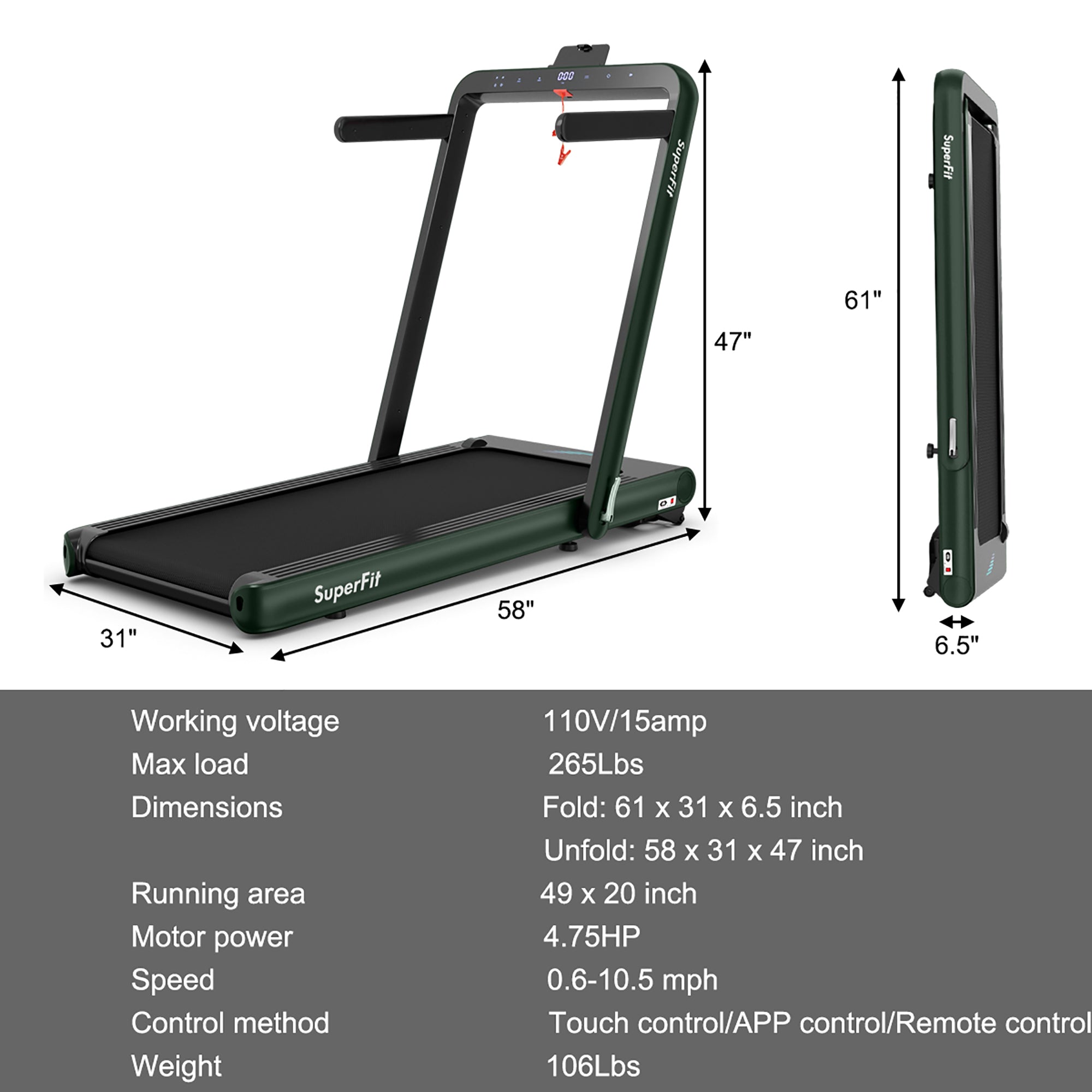  4.75 Horsepower 2 In 1 Folding Treadmill with Remote APP Control - Red - Bonton