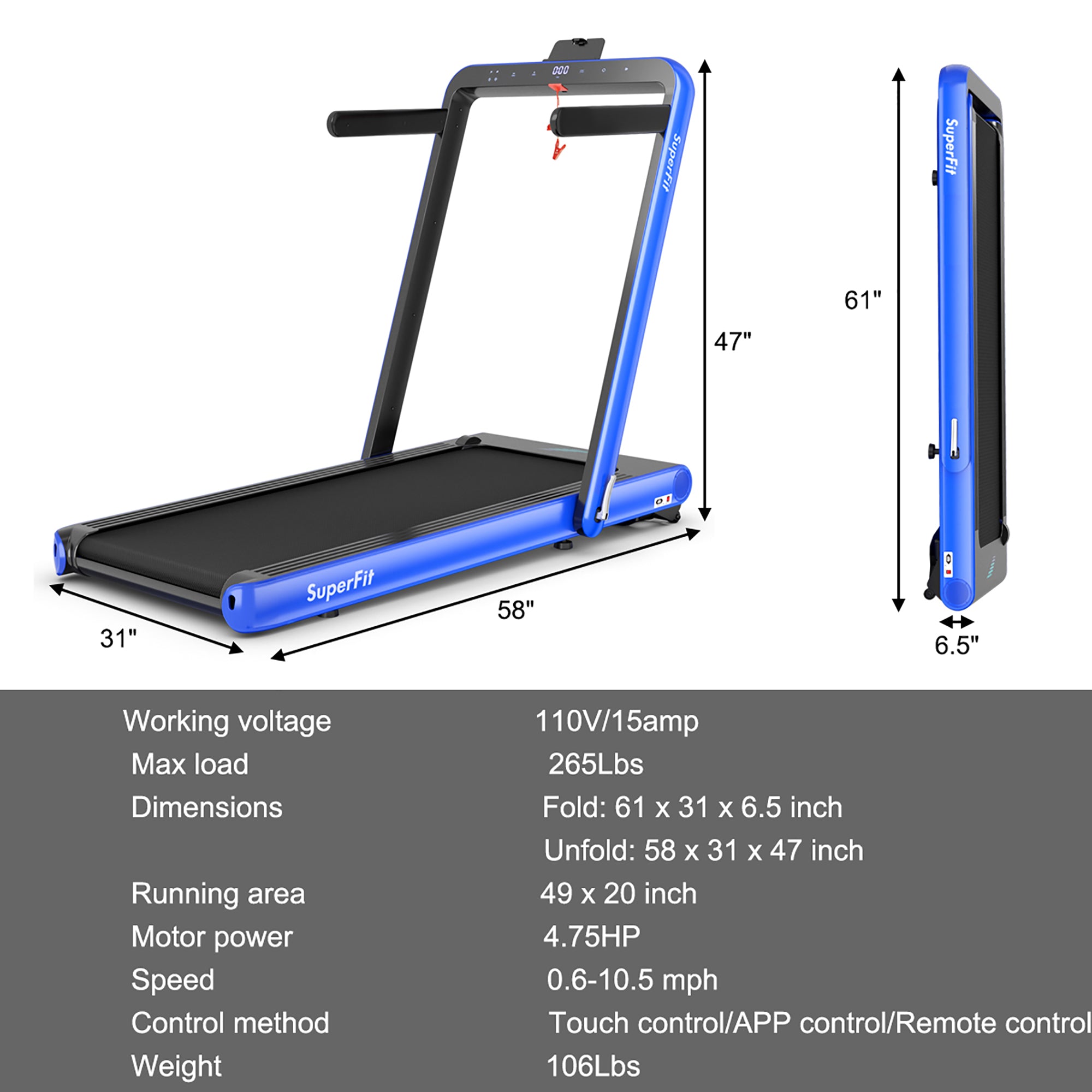  4.75 Horsepower 2 In 1 Folding Treadmill with Remote APP Control - Navy - Bonton