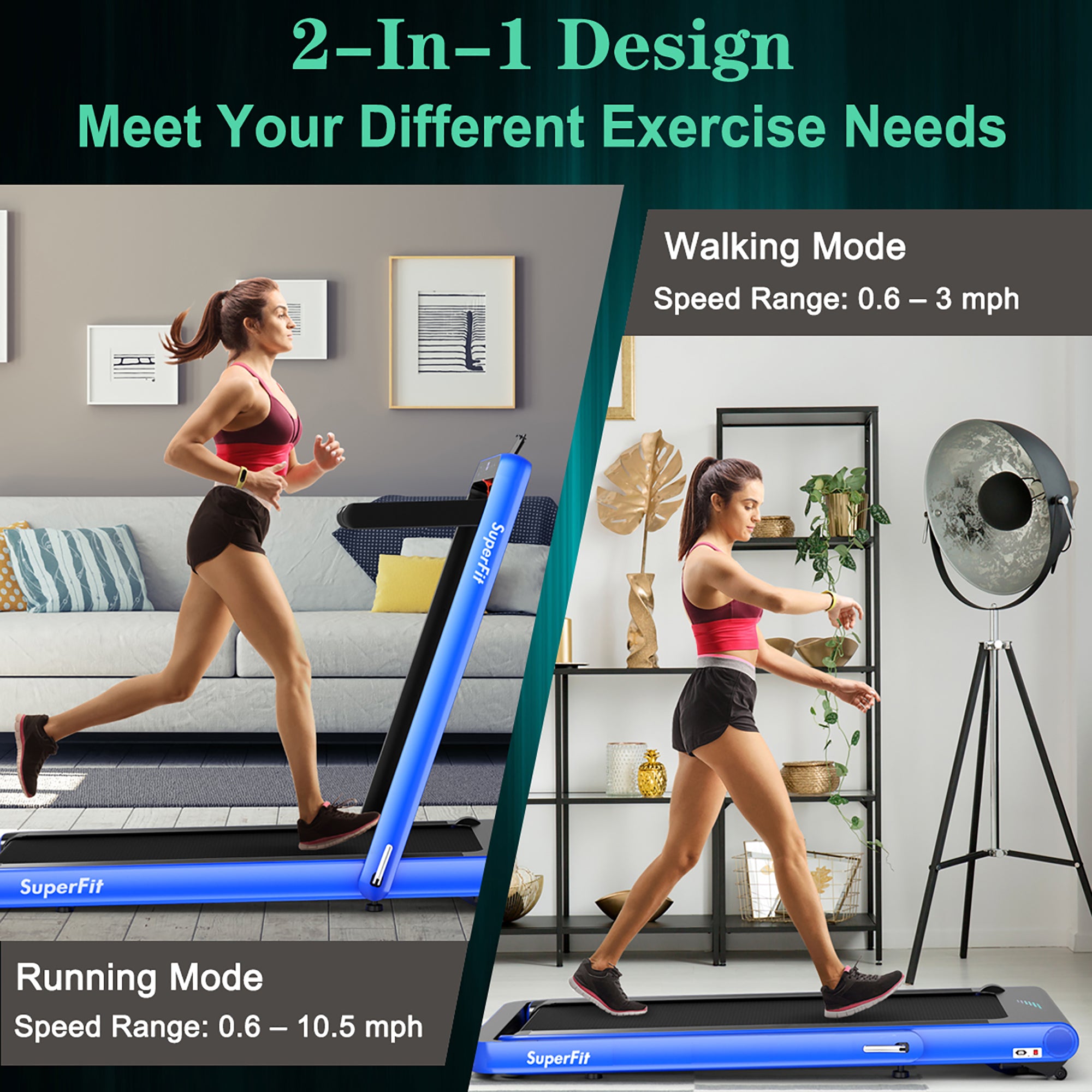  4.75 Horsepower 2 In 1 Folding Treadmill with Remote APP Control - Green - Bonton