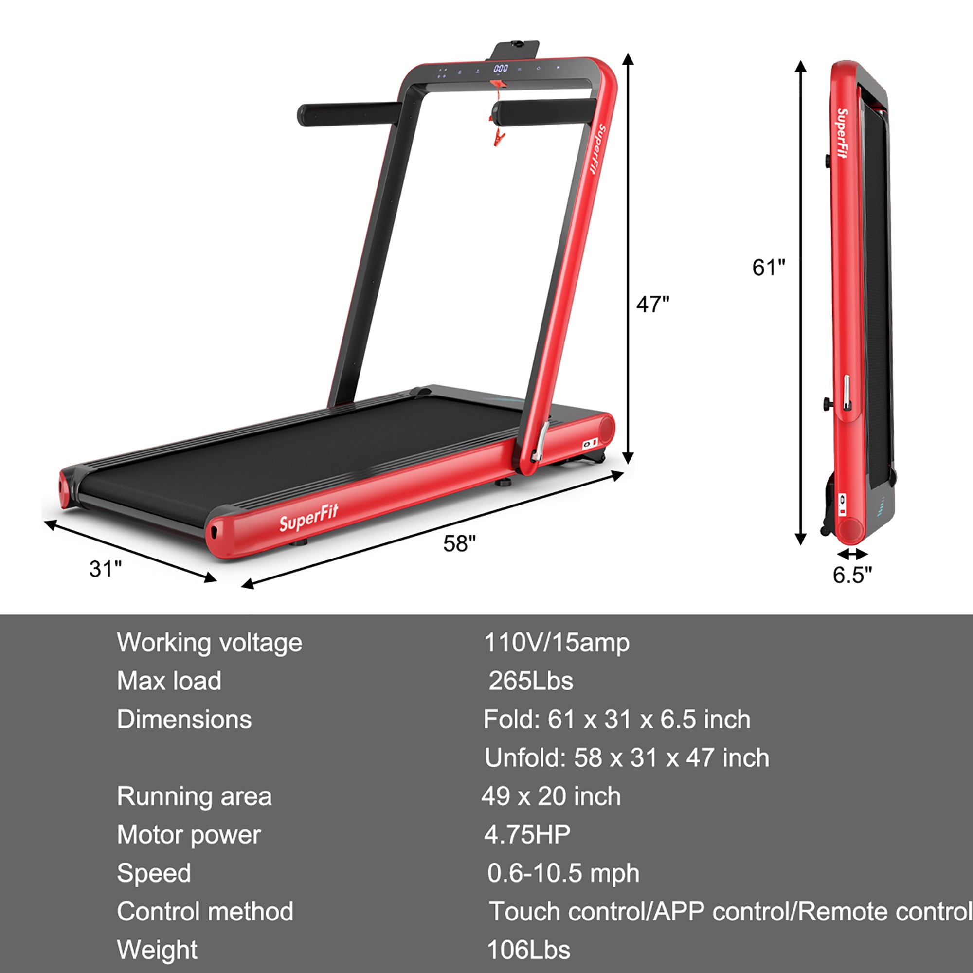  4.75 Horsepower 2 In 1 Folding Treadmill with Remote APP Control - Red - Bonton