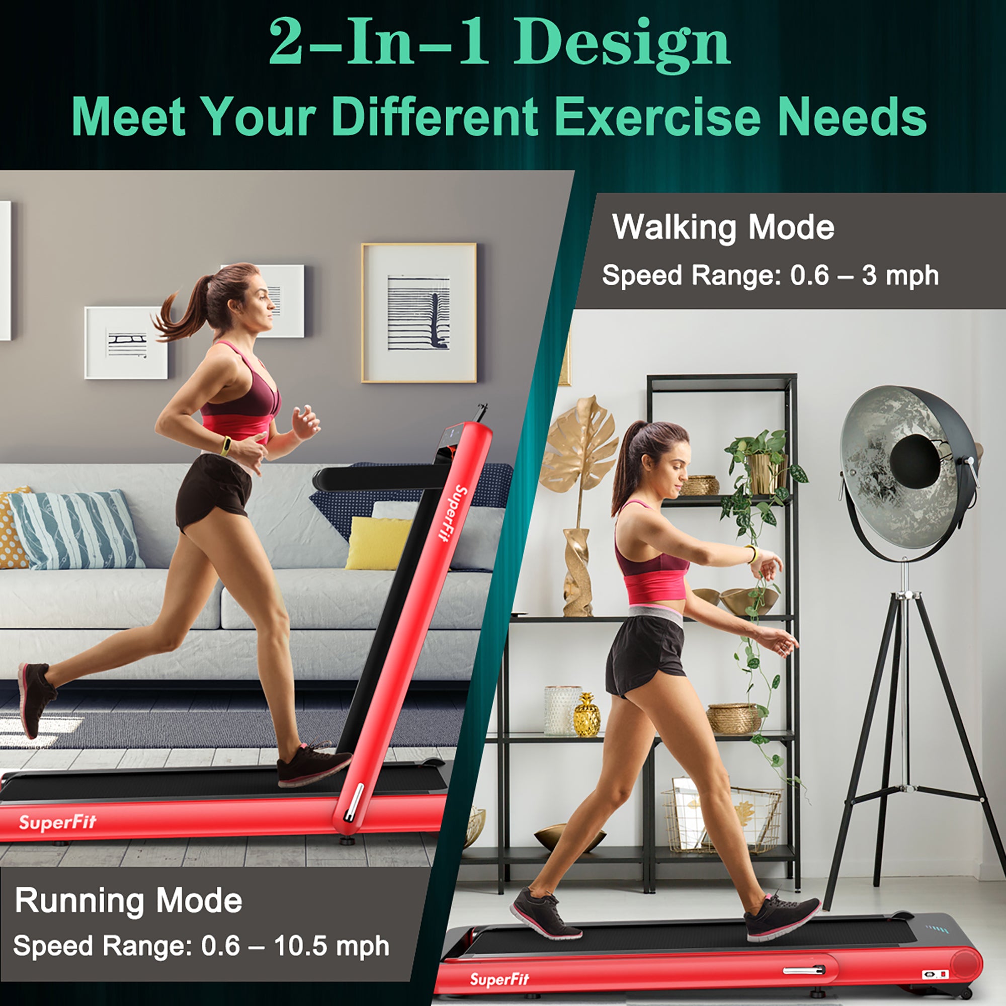  4.75 Horsepower 2 In 1 Folding Treadmill with Remote APP Control - Green - Bonton