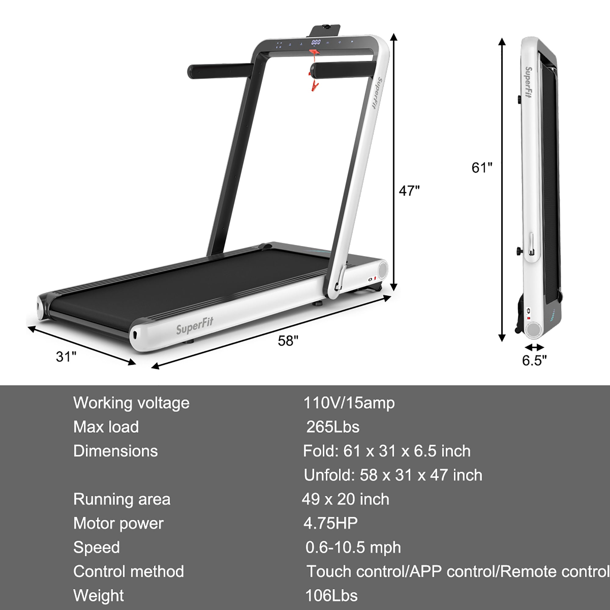  4.75 Horsepower 2 In 1 Folding Treadmill with Remote APP Control - Red - Bonton