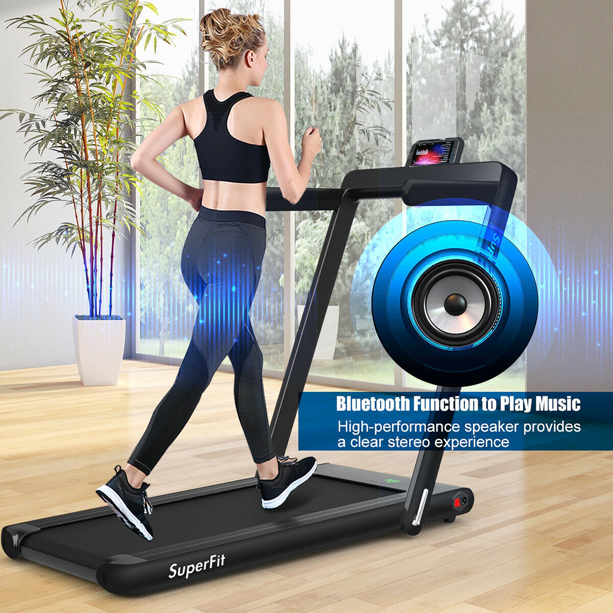  2.25 Horsepower 2 in 1 Folding Treadmill with  APP Speaker Remote Control - Green - Bonton