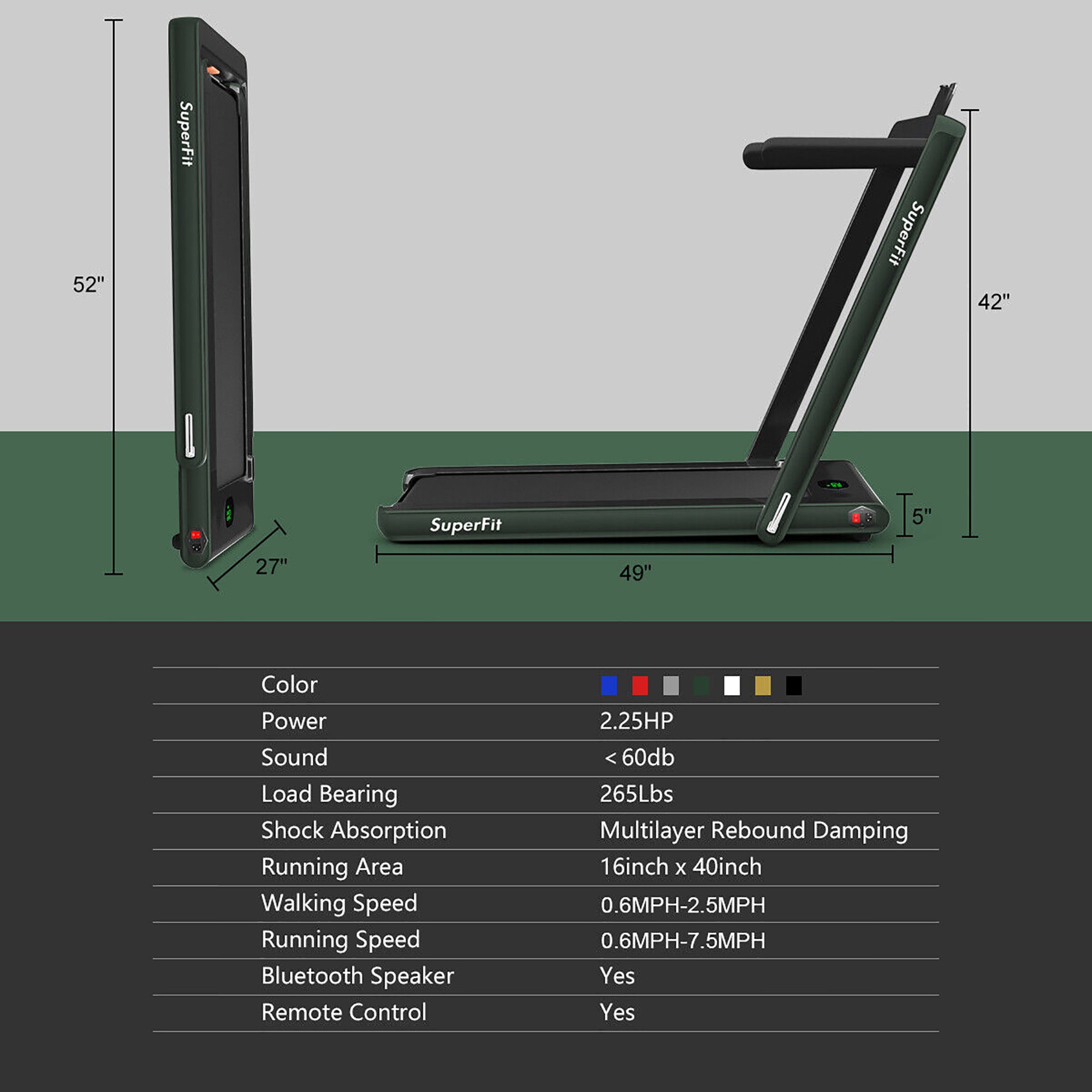  2.25 Horsepower 2 in 1 Folding Treadmill with  APP Speaker Remote Control - Golden - Bonton