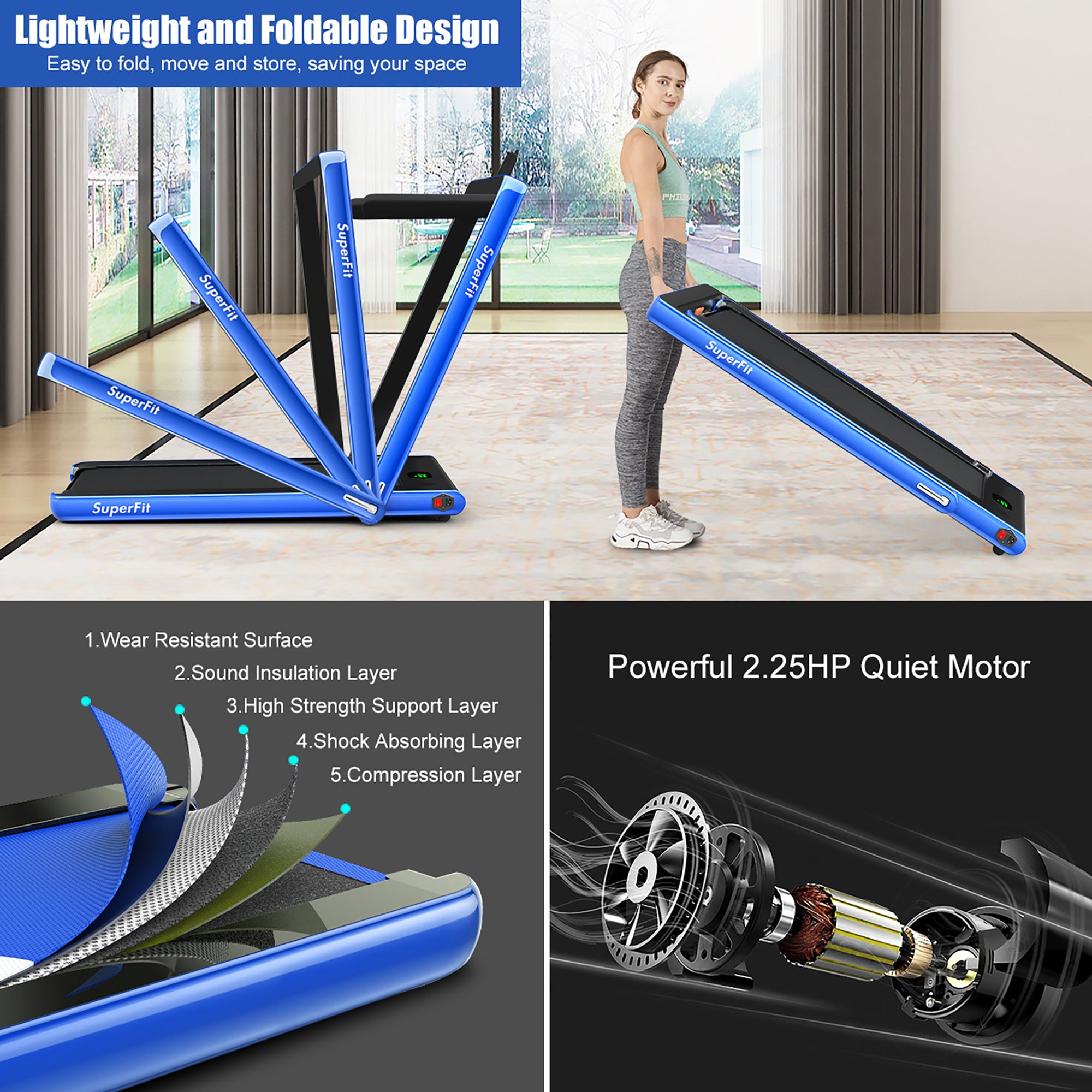  2.25 Horsepower 2 in 1 Folding Treadmill with  APPSpeaker Remote Control - Blue - Bonton