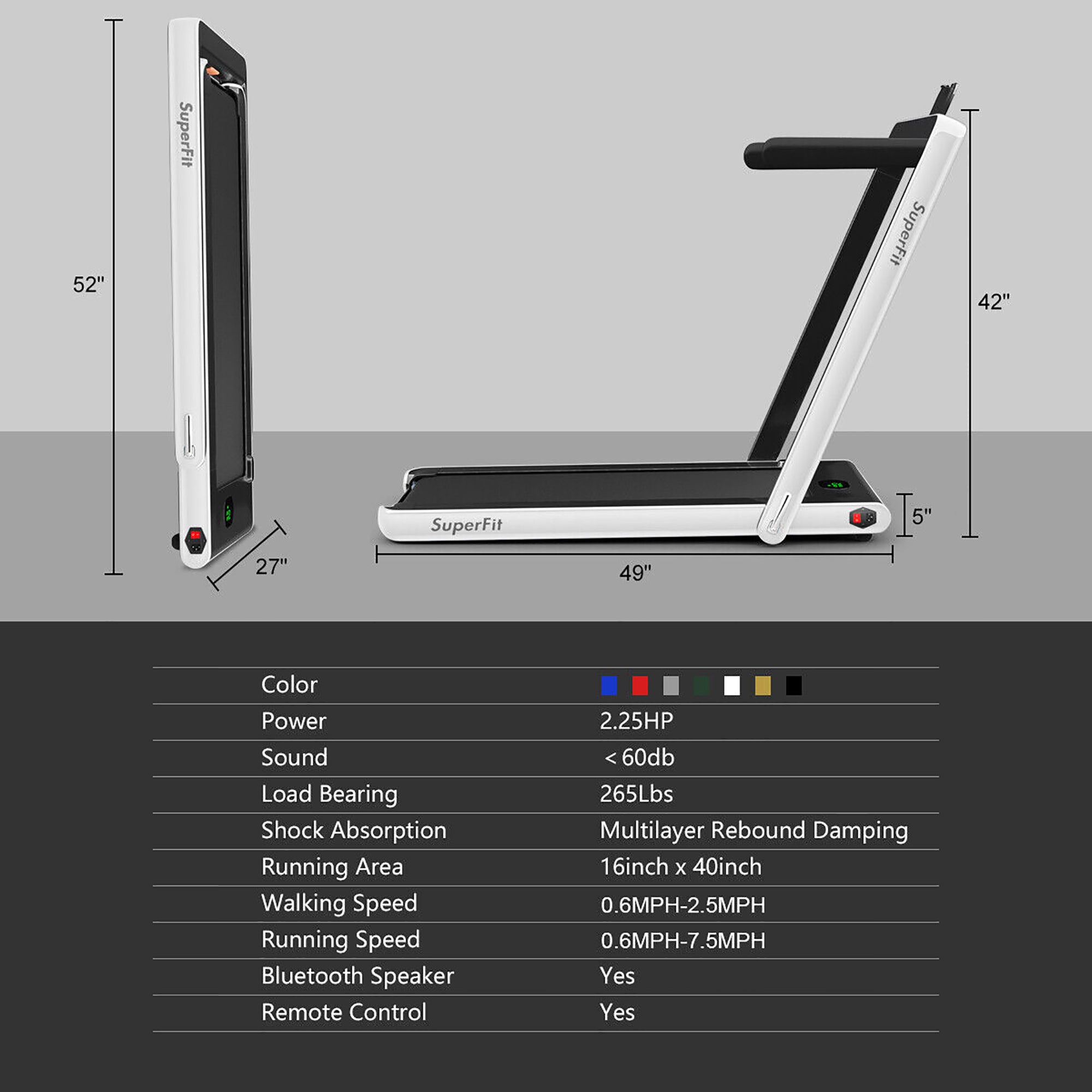  2.25 Horsepower 2 in 1 Folding Treadmill with  APP Speaker Remote Control - Golden - Bonton