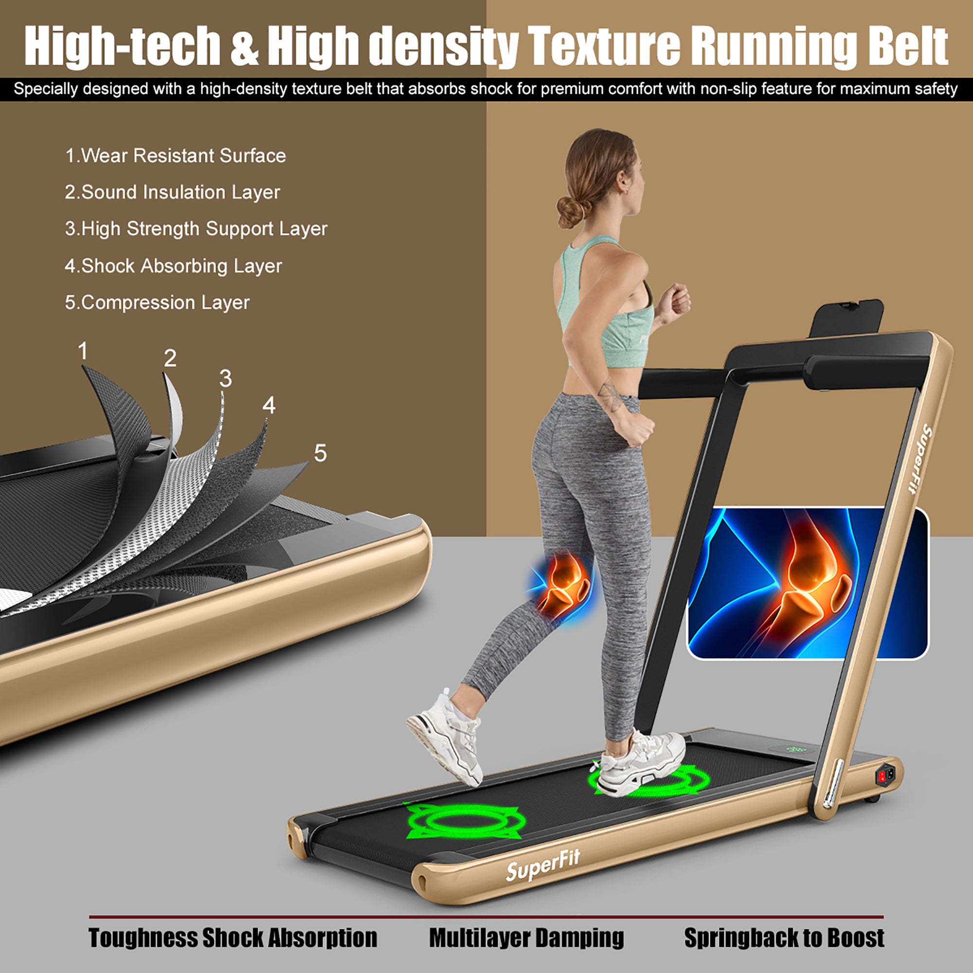  2.25 Horsepower 2 in 1 Folding Treadmill with  APP Speaker Remote Control - Golden - Bonton