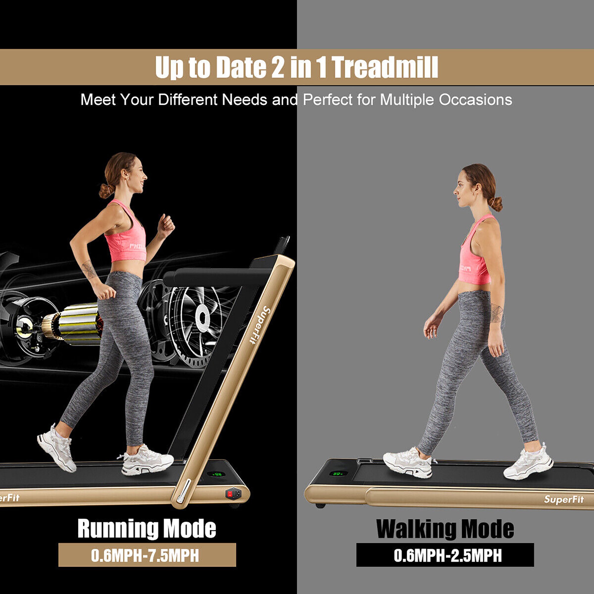  2.25 Horsepower 2 in 1 Folding Treadmill with  APP Speaker Remote Control - Golden - Bonton