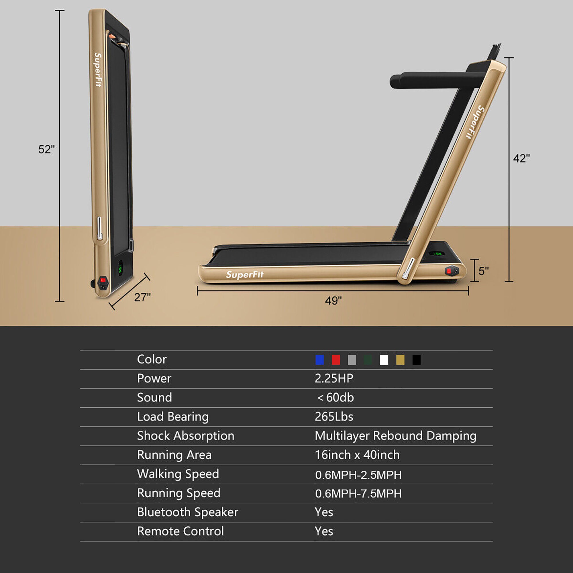  2.25 Horsepower 2 in 1 Folding Treadmill with  APP Speaker Remote Control - Golden - Bonton