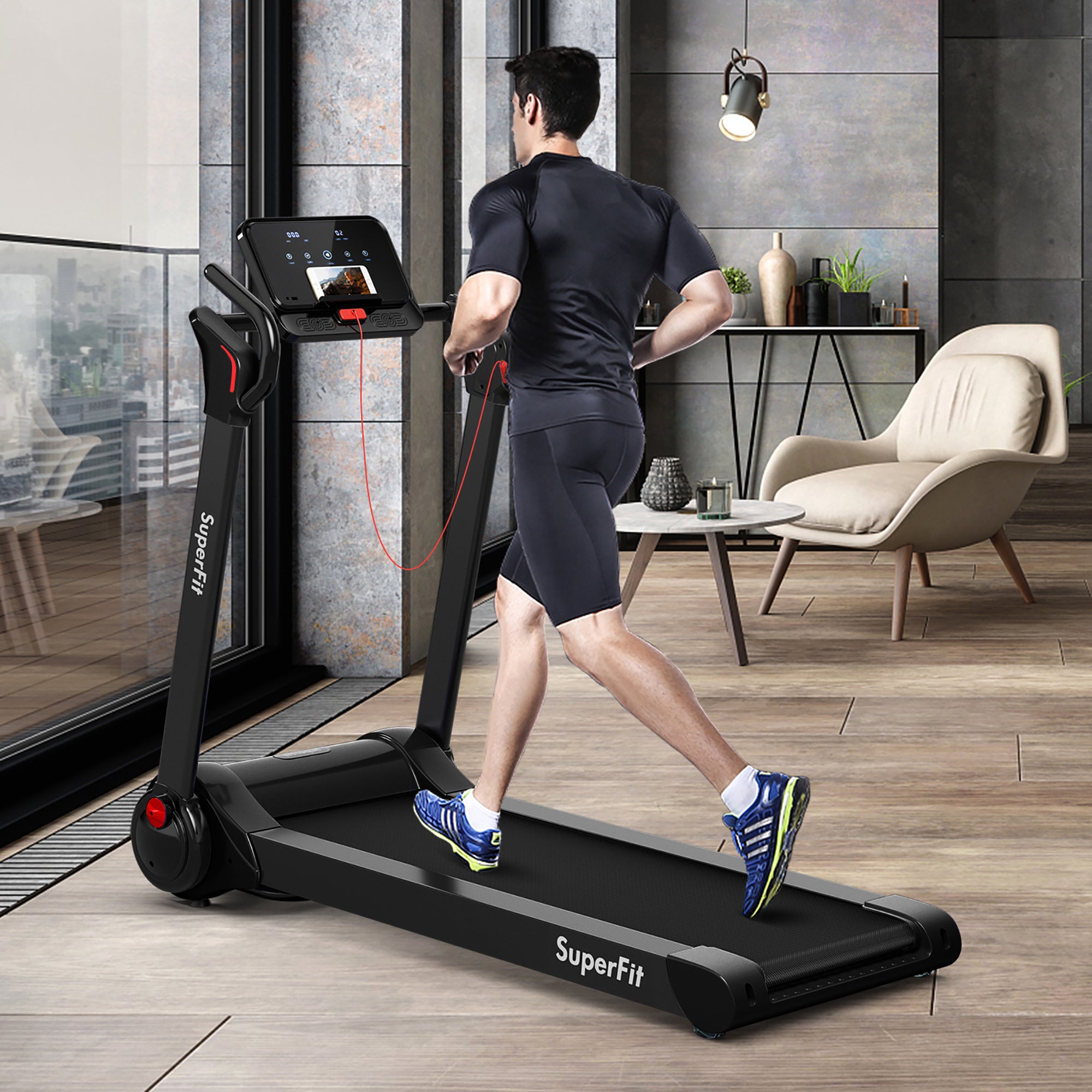  Folding 2.25 Horsepower Electric Treadmill Running Machine APP Control Bluetooth - Navy - Bonton