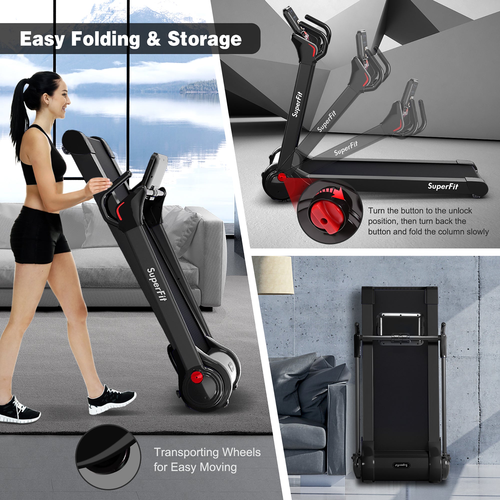  Folding 2.25 Horsepower Electric Treadmill Running Machine APP Control Bluetooth - Red - Bonton