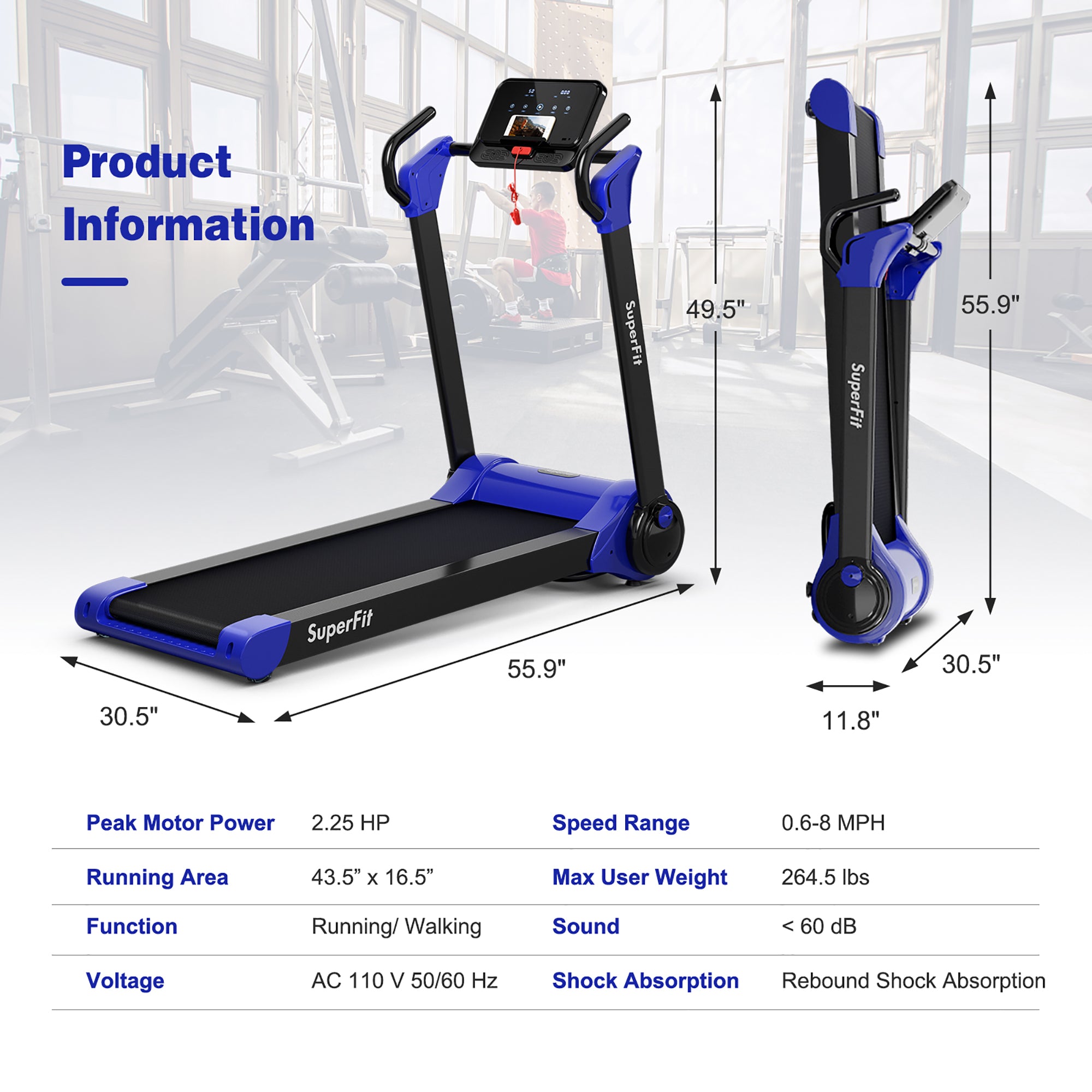  Folding 2.25 Horsepower Electric Treadmill Running Machine APP Control Bluetooth - Black - Bonton