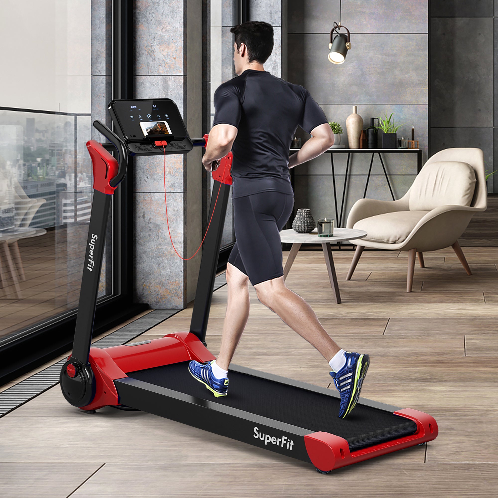  Folding 2.25 Horsepower Electric Treadmill Running Machine APP Control Bluetooth - Red - Bonton