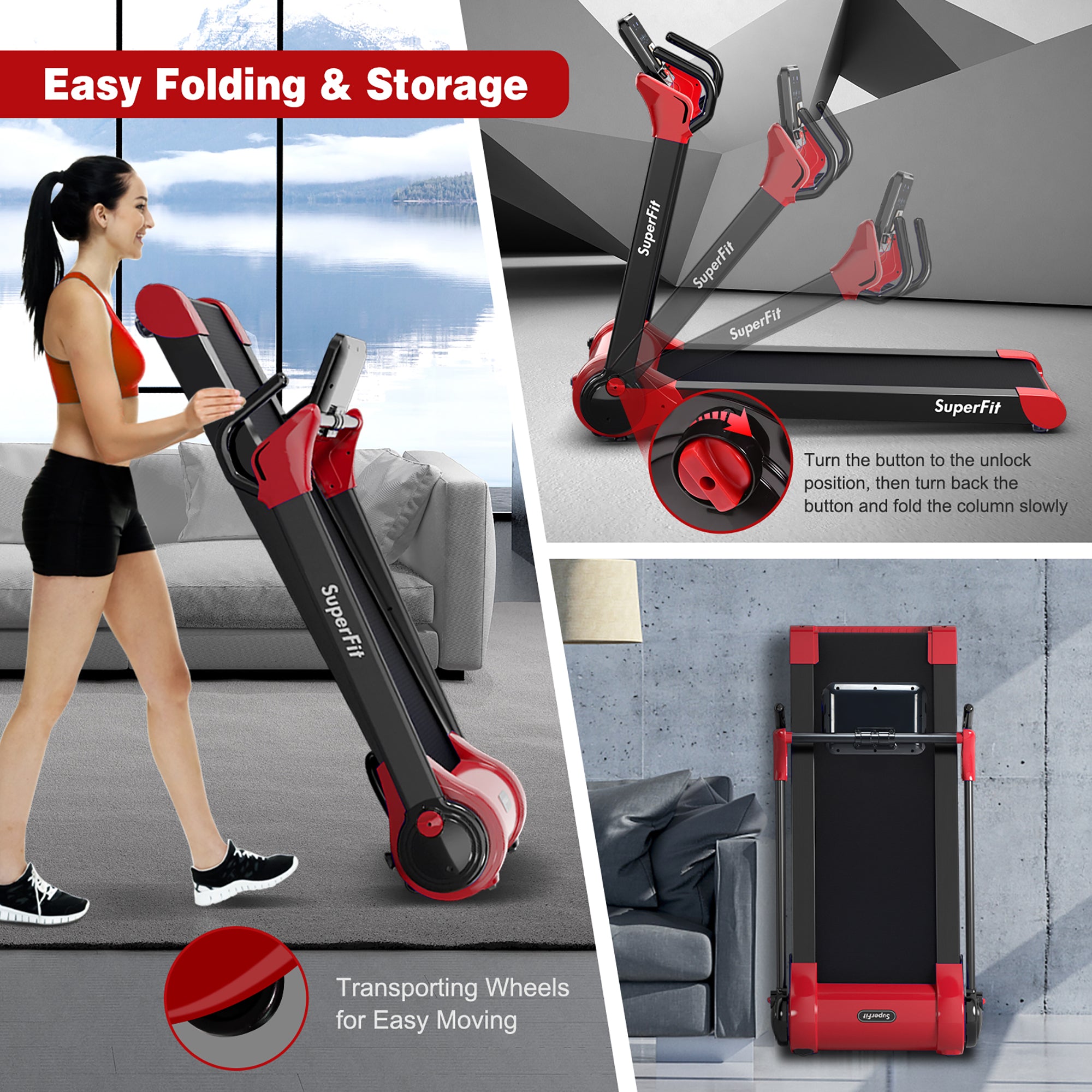  Folding 2.25 Horsepower Electric Treadmill Running Machine APP Control Bluetooth - Red - Bonton