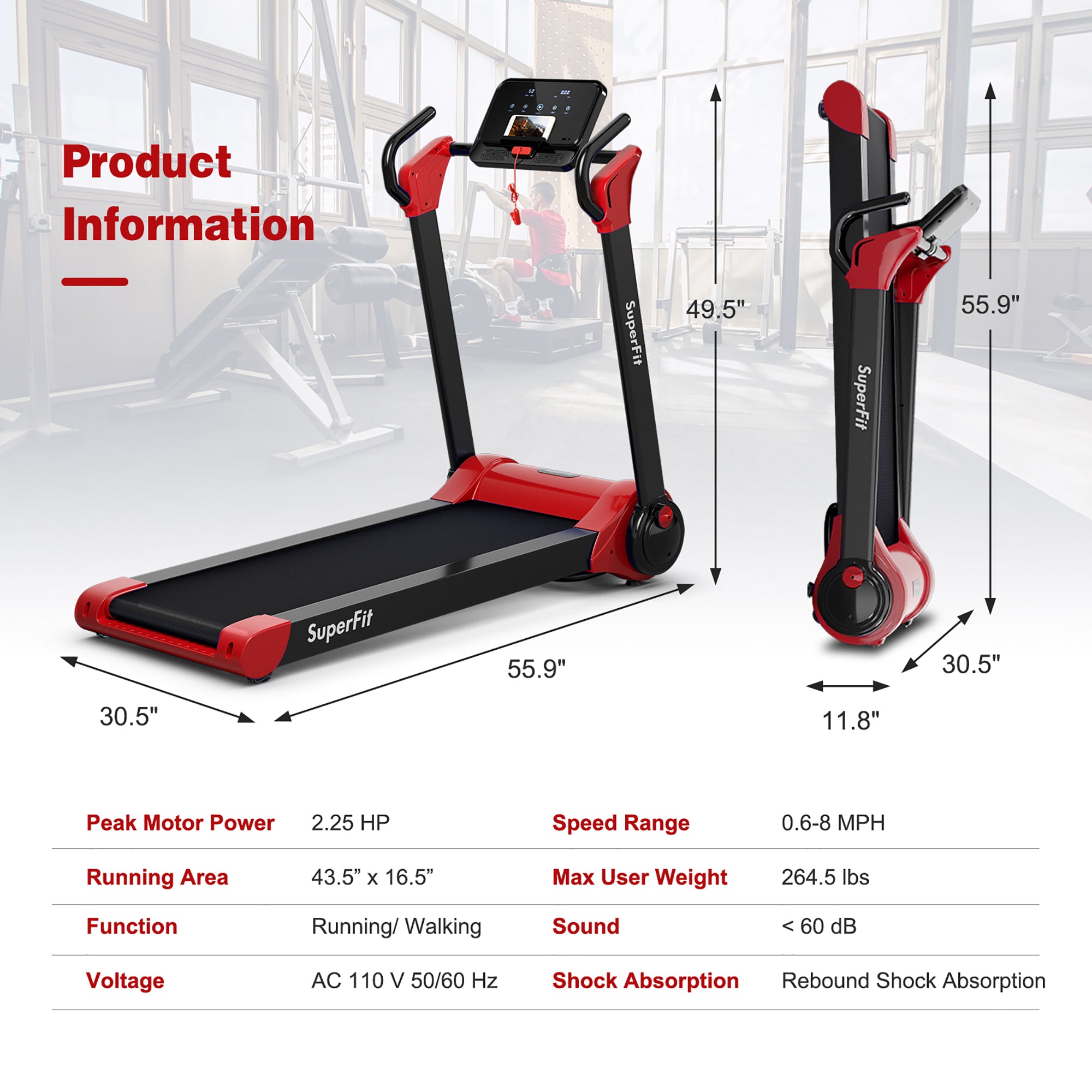  Folding 2.25 Horsepower Electric Treadmill Running Machine APP Control Bluetooth - Red - Bonton