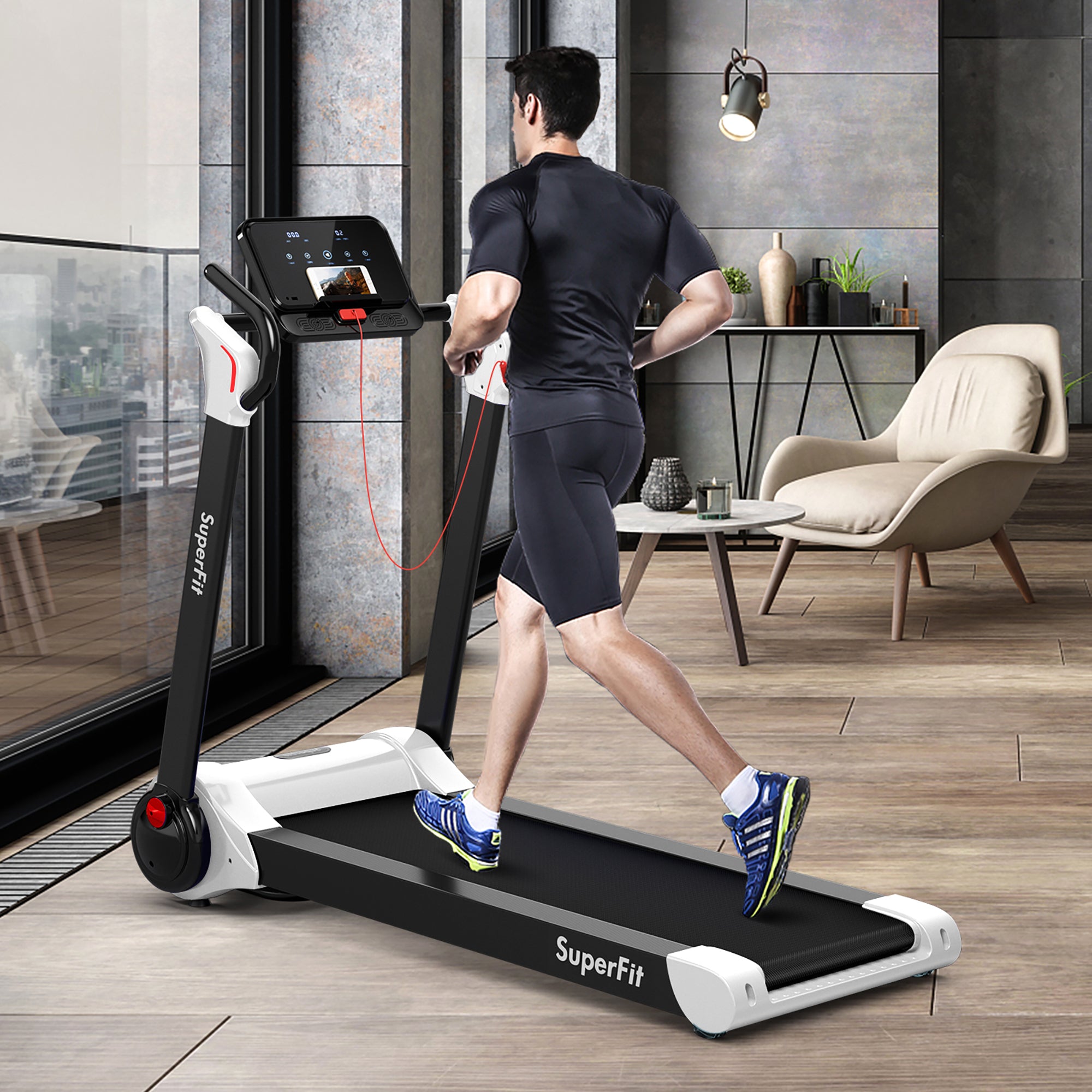  Folding 2.25 Horsepower Electric Treadmill Running Machine APP Control Bluetooth - Navy - Bonton