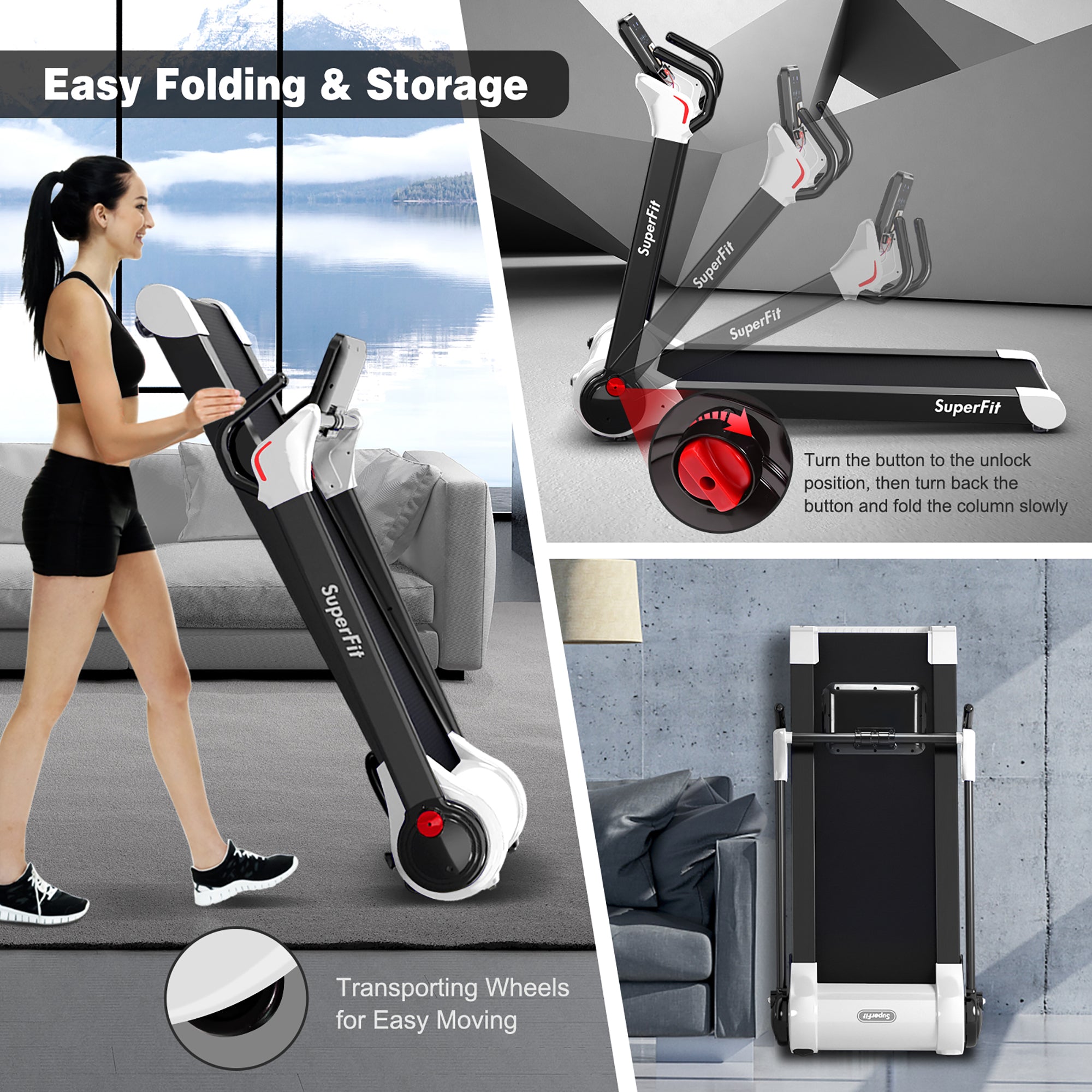  Folding 2.25 Horsepower Electric Treadmill Running Machine APP Control Bluetooth - Red - Bonton