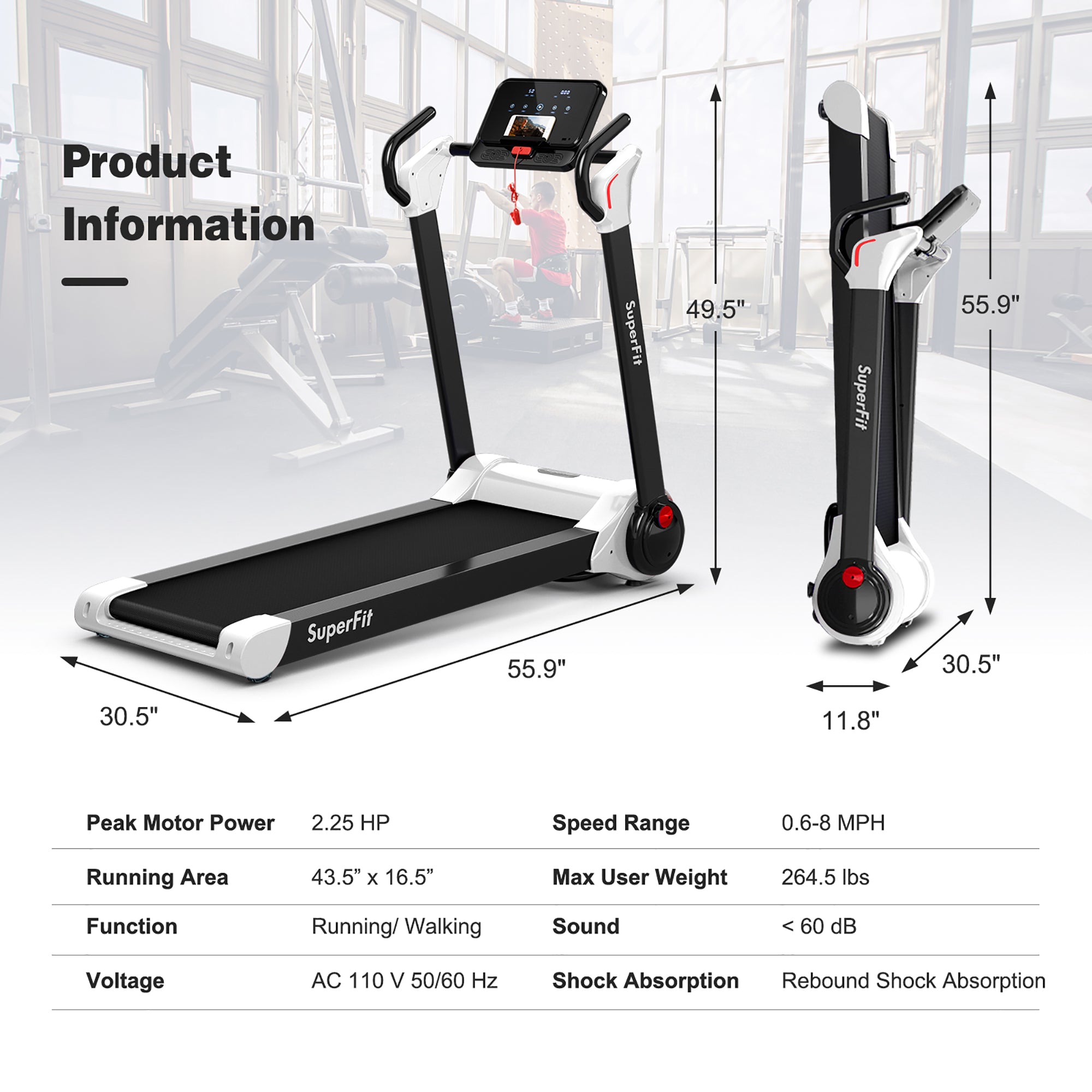  Folding 2.25 Horsepower Electric Treadmill Running Machine APP Control Bluetooth - Red - Bonton