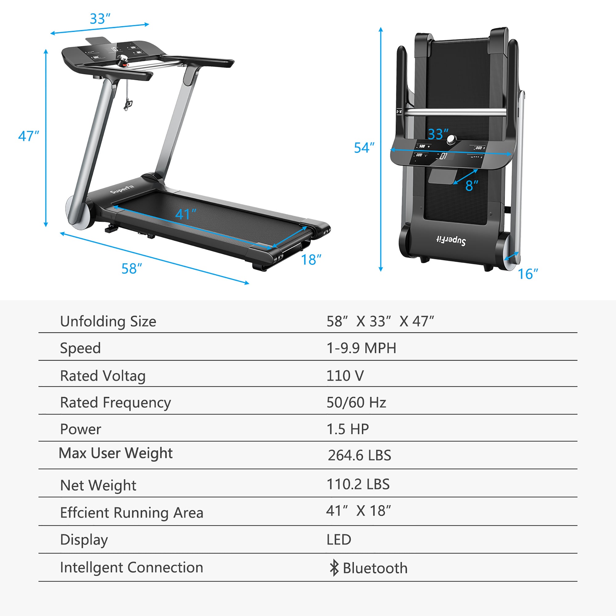  Folding Electric Treadmill Jogging Machine Bluetooth 10 Preset Programs - Black - Bonton