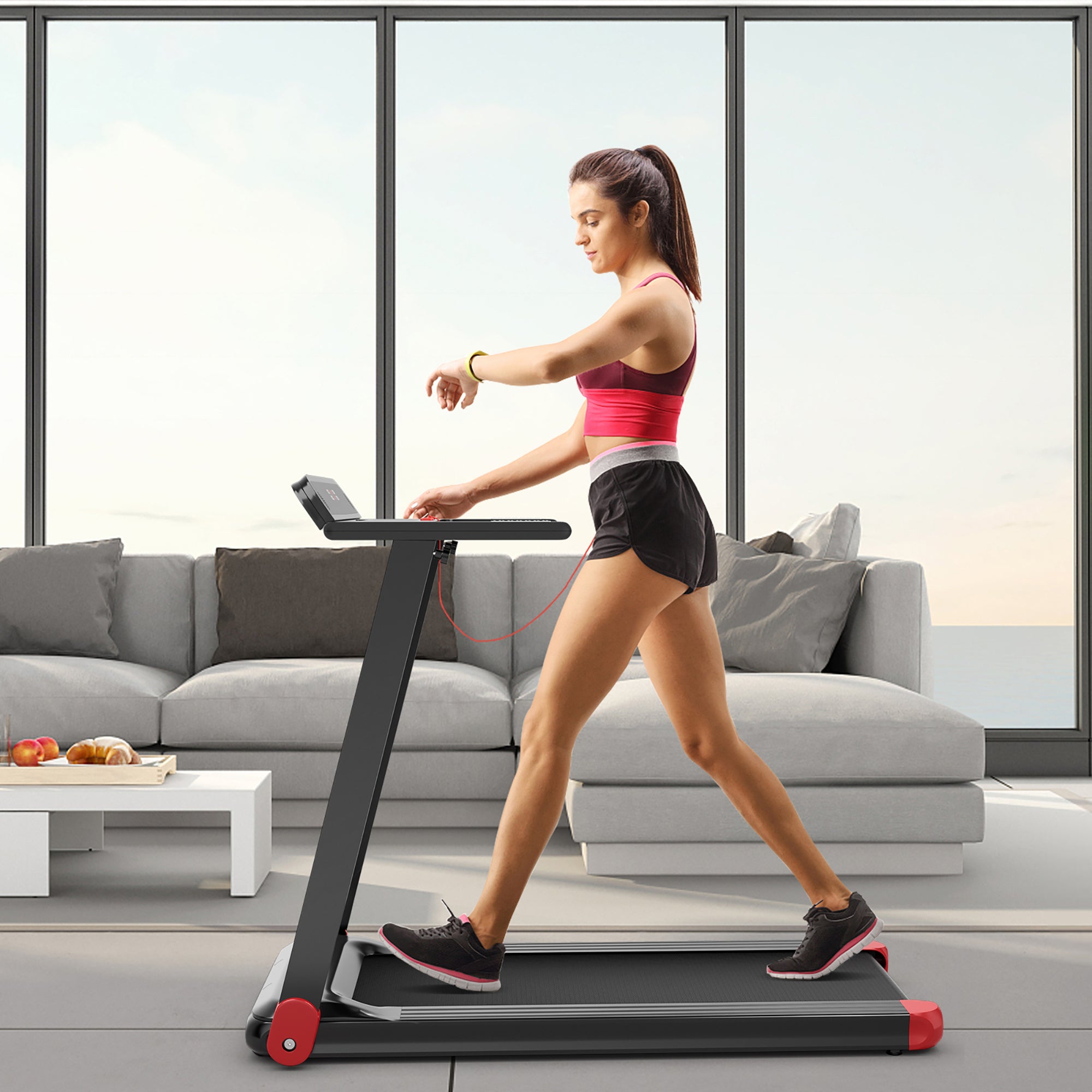  Folding Electric Treadmill Compact Walking Running Machine with APP Control Speaker - Red - Bonton