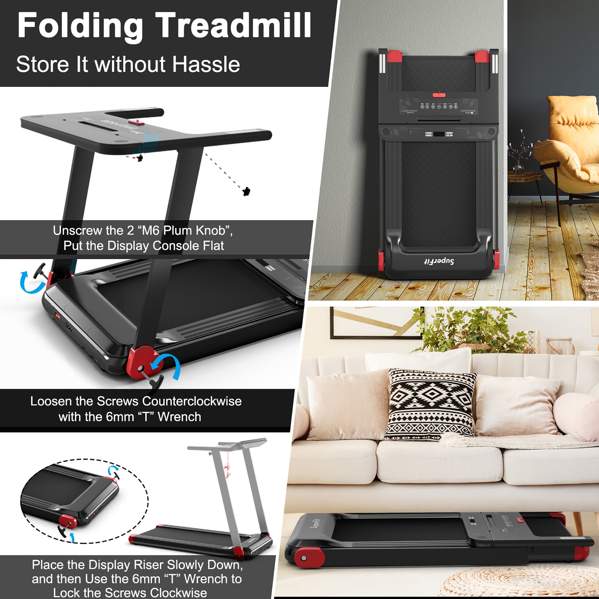  Folding Electric Treadmill Compact Walking Running Machine with APP Control Speaker - Red - Bonton