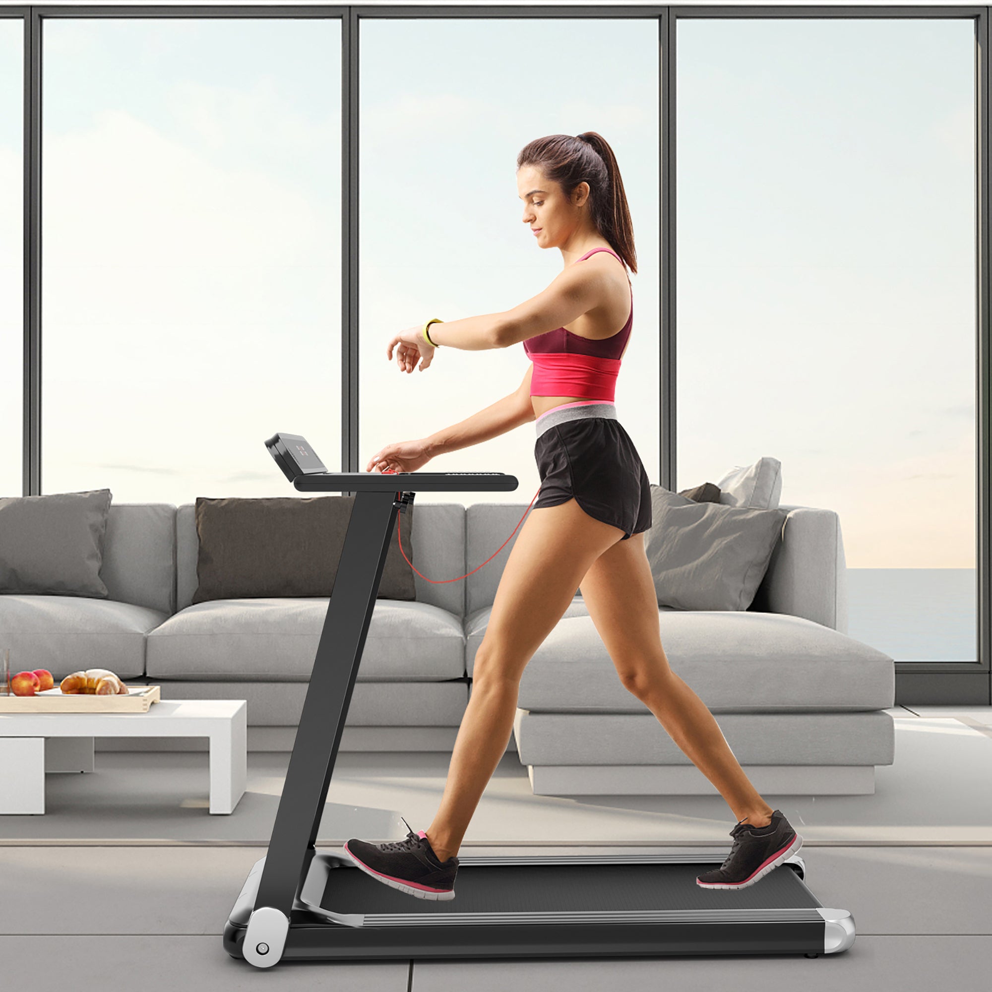  Folding Electric Treadmill Compact Walking Running Machine with APP Control Speaker - Red - Bonton