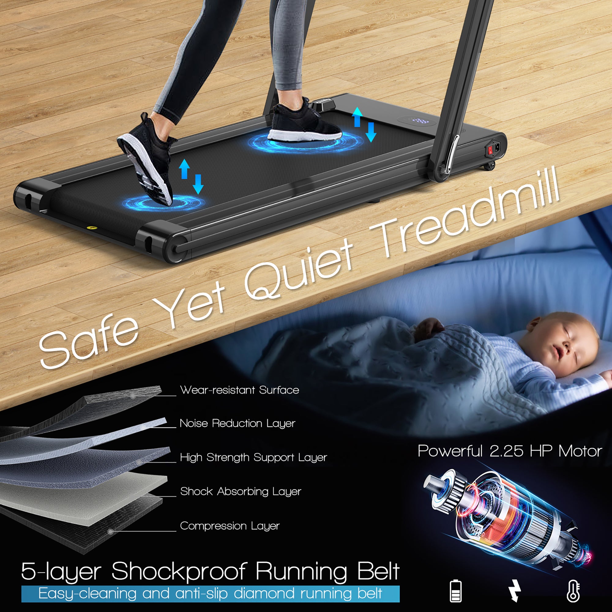  2-in-1 Folding Treadmill 2.25 Horsepower Jogging Machine with  Dual LED Display - Silver - Bonton