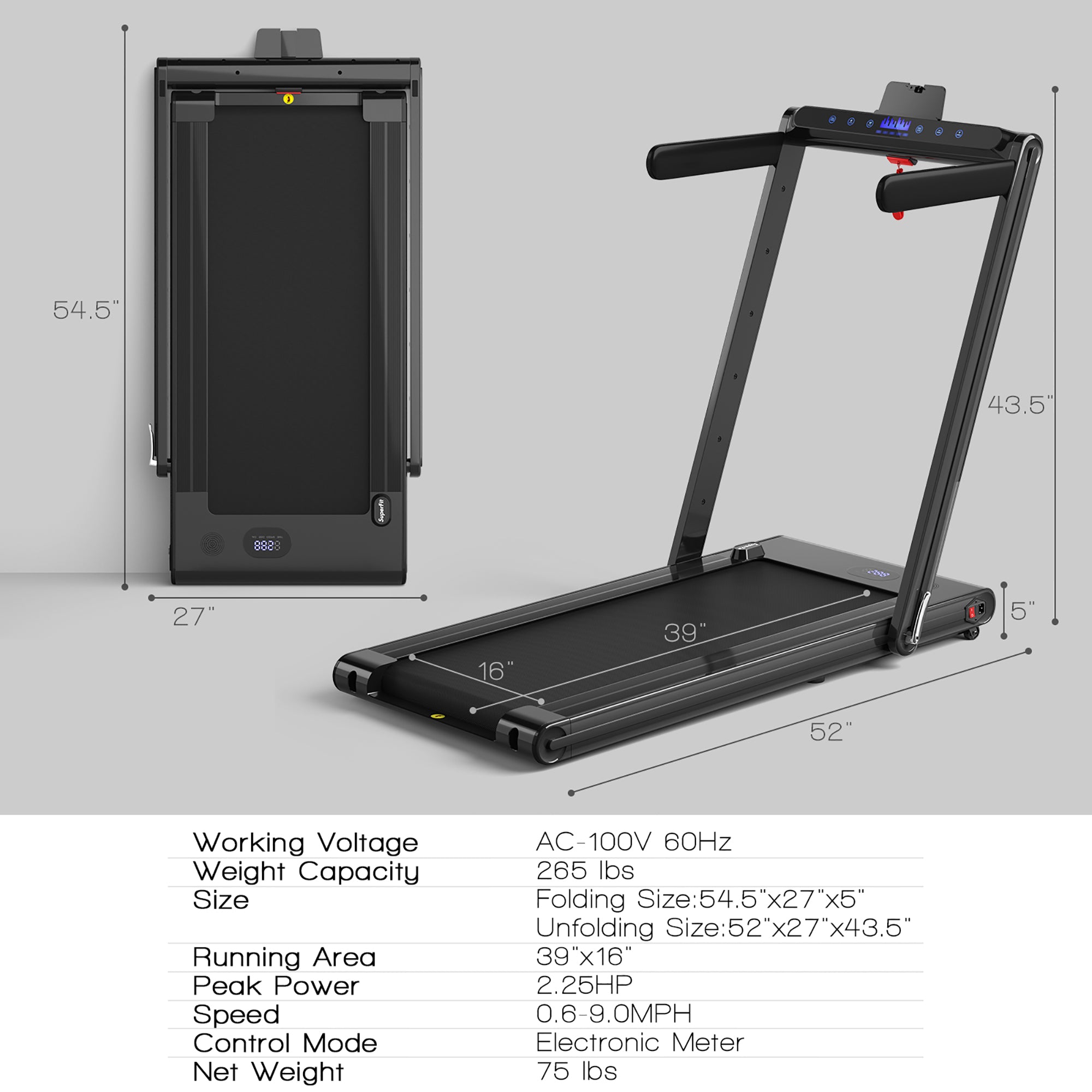  2-in-1 Folding Treadmill 2.25 Horsepower Jogging Machine with  Dual LED Display - Black - Bonton