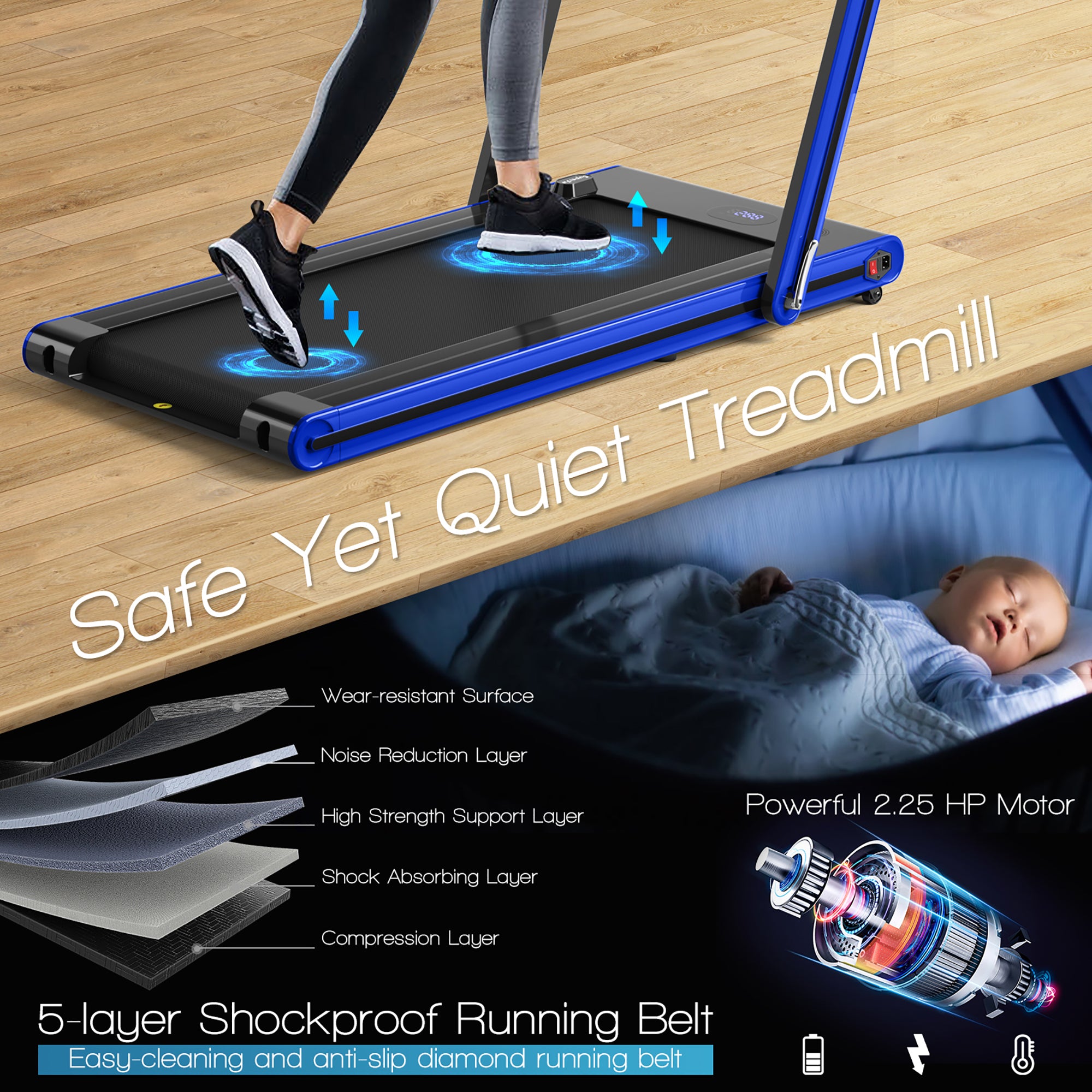  2-in-1 Folding Treadmill 2.25 Horsepower Jogging Machine with  Dual LED Display - Silver - Bonton