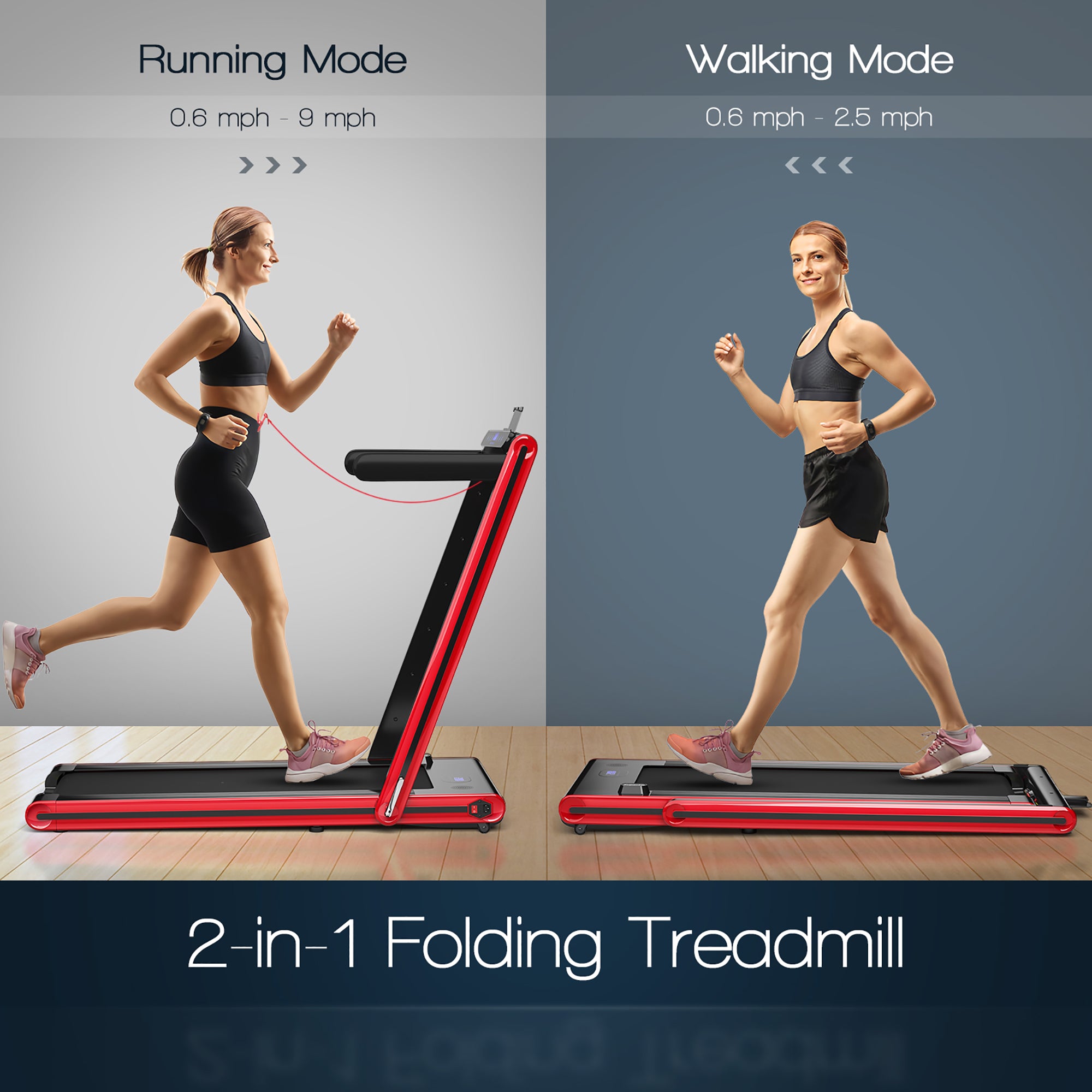  2-in-1 Folding Treadmill 2.25 Horsepower Jogging Machine with  Dual LED Display - Red - Bonton