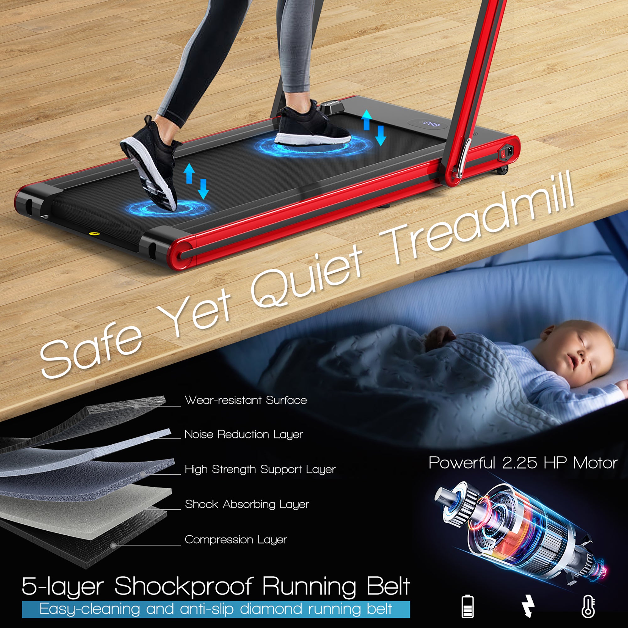  2-in-1 Folding Treadmill 2.25 Horsepower Jogging Machine with  Dual LED Display - Red - Bonton