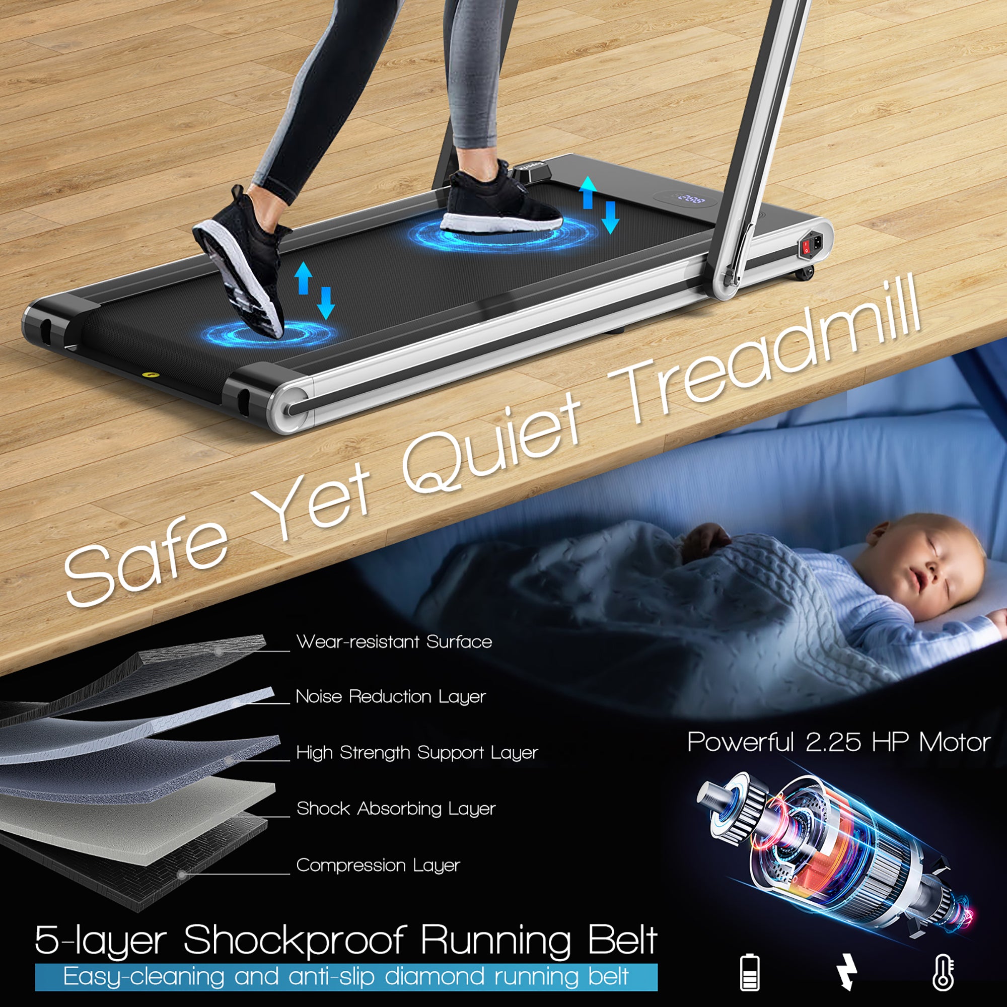  2-in-1 Folding Treadmill 2.25 Horsepower Jogging Machine with  Dual LED Display - Silver - Bonton