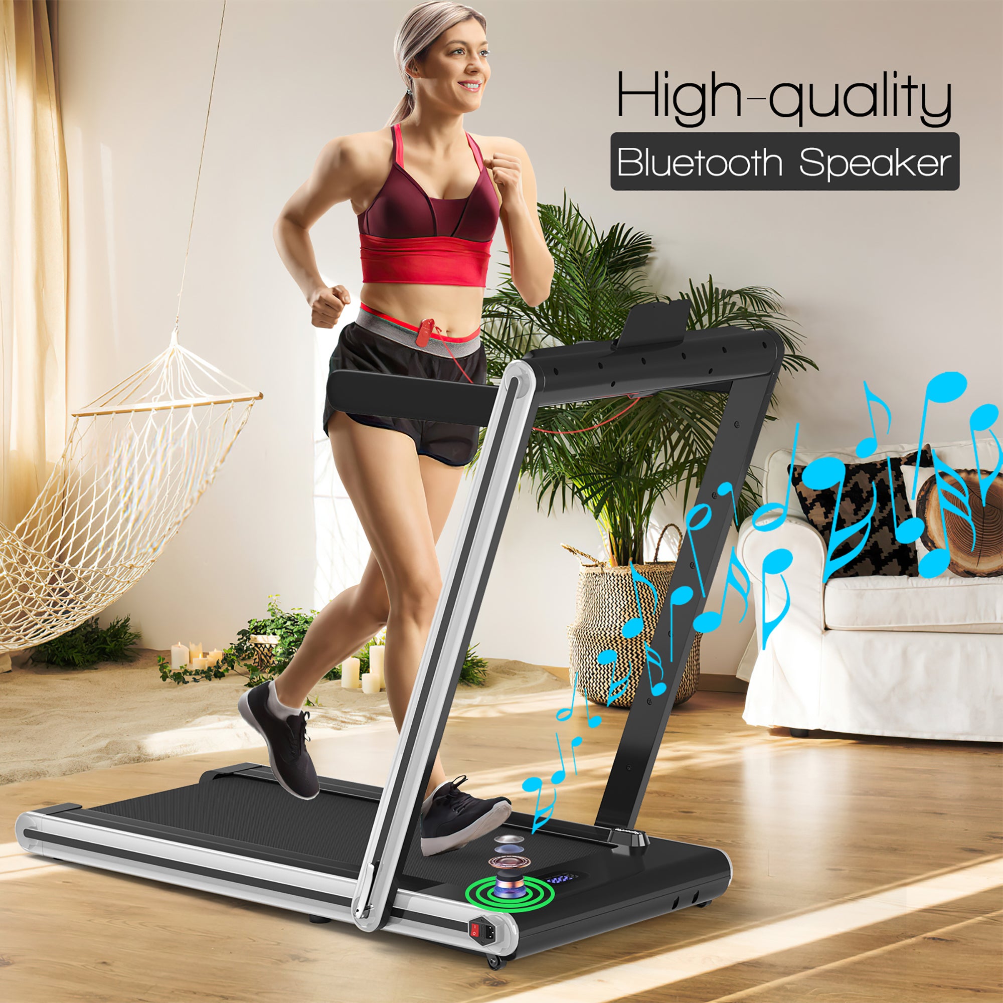  2-in-1 Folding Treadmill 2.25 Horsepower Jogging Machine with  Dual LED Display - Silver - Bonton