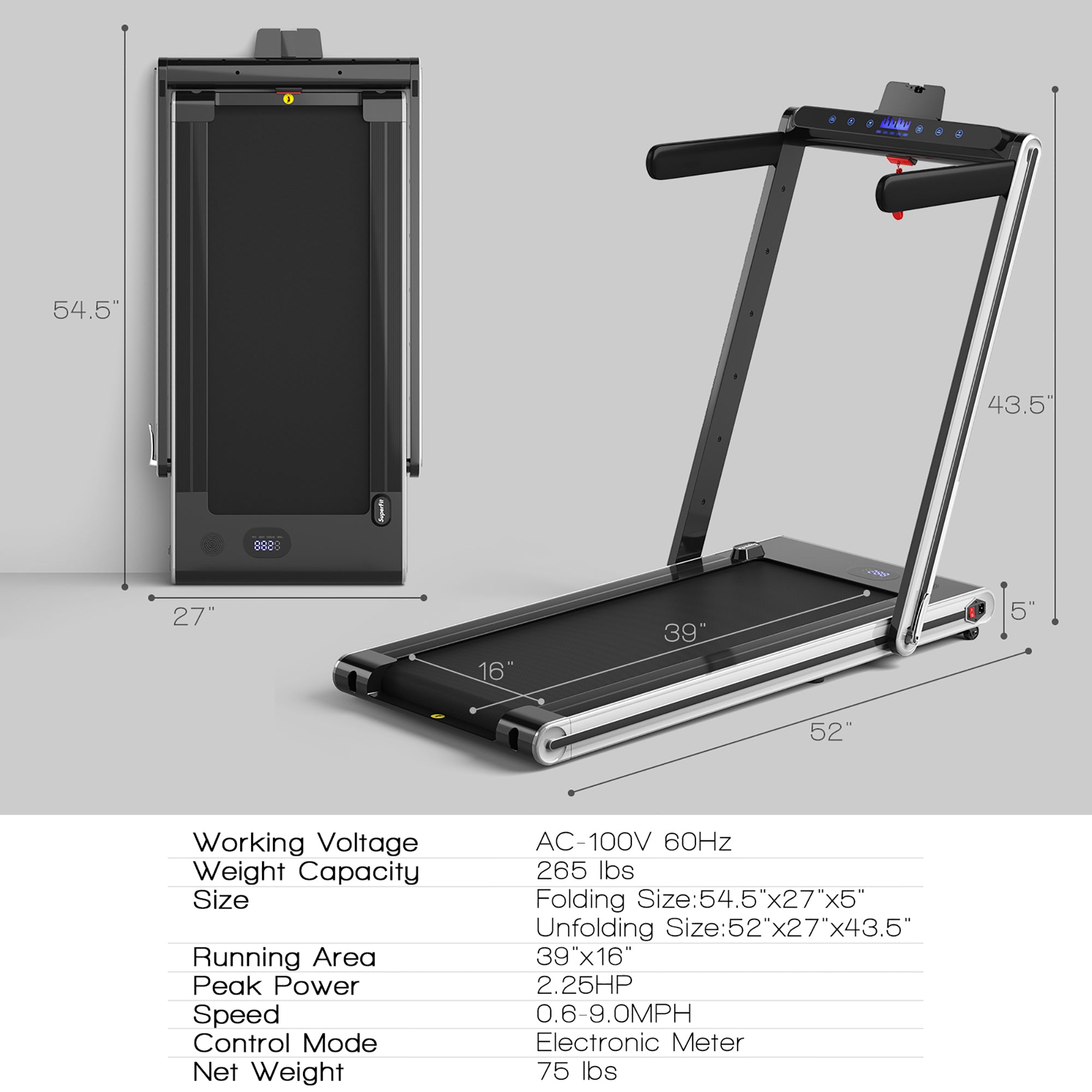  2-in-1 Folding Treadmill 2.25 Horsepower Jogging Machine with  Dual LED Display - Black - Bonton