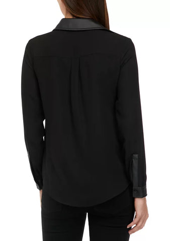 Plus Size Women's Faux-Leather-Trim Button-Down Shirt